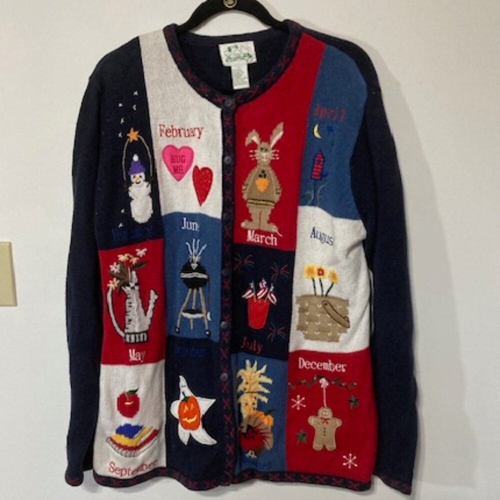 Quacker Factory Multi-Holiday Sweater w/Button Covers,Size L(Valentine's,Easter)